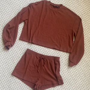 Rust Two Piece Set - Long Sleeves & Drawstring Shorts